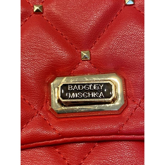 Badgley Mischka Red Quilted Vegan Leather Purse Gold Studded Crossbody Bag 10x6 - Picture 8 of 13